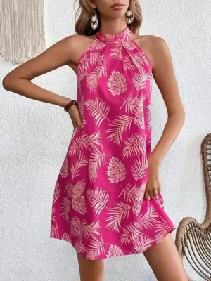 Women’s Woven Halter Leaf Print Sleeveless Dress