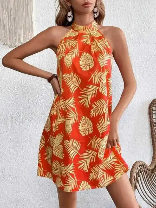 Women’s Woven Halter Leaf Print Sleeveless Dress